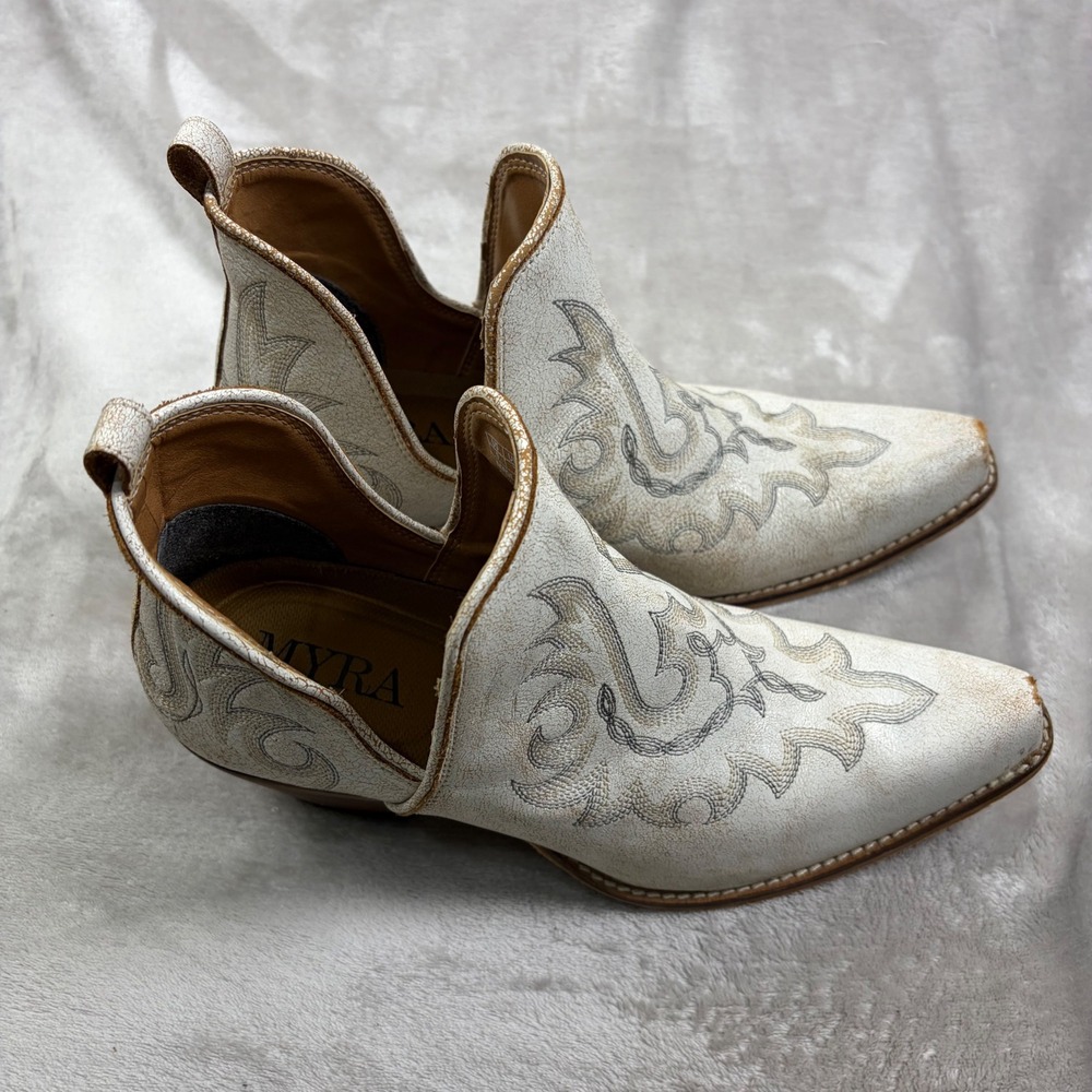 Myra Bag Yipple White Crackle Leather Western Ankle Boots Pointed Sz 9 Rodeo